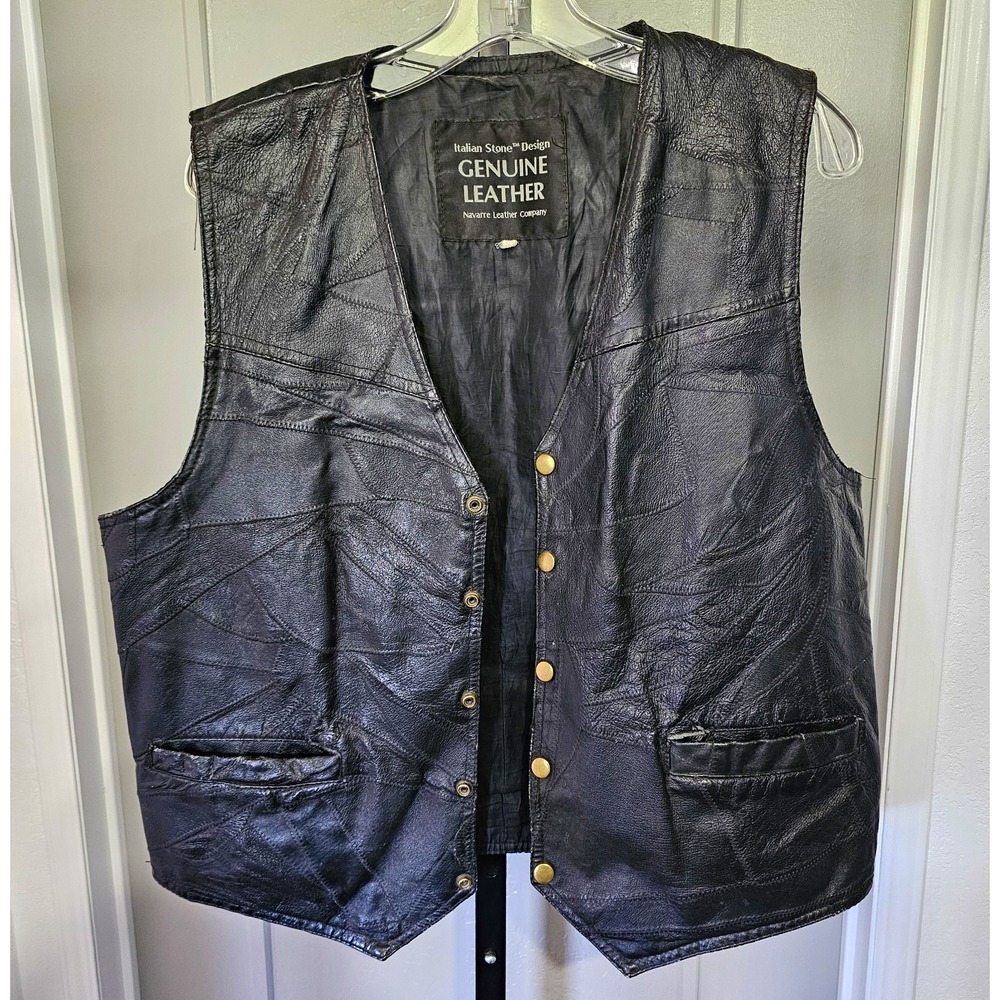 Vintage Italian Stone Design Genuine Leather Biker Vest L